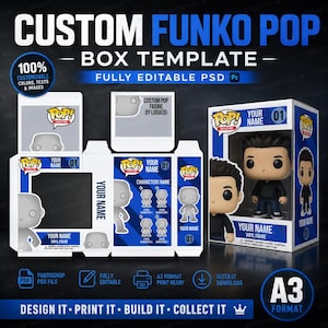 Puede incluir: Una plantilla de diseño gráfico para una caja Funko Pop personalizada. El diseño presenta una figura Funko Pop en una caja con el texto "YOUR NAME" y "VINYL FIGURE". La plantilla es totalmente editable en formato PSD y está lista para imprimir en formato A3.