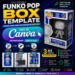 Funko Pop Box-mall Canva | Redigerbart anpassat Funko Pop-skal | Utskrivbar A4-låda | Ingen Photoshop | Direktnedladdning