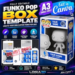 Może przedstawiać: Cyfrowy szablon pudełka Funko Pop z pustą białą figurką winylową w niebiesko-białym opakowaniu. Projekt zawiera pola tekstowe na imię, numer 01 oraz instrukcje edycji w programie Canva dla użytkownika końcowego.