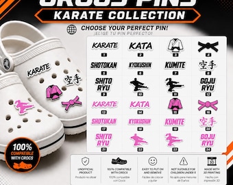 May include: A white clog shoe decorated with various karate-themed pins. A grid displays twenty-four numbered pin designs featuring text like KARATE, KATA, SHOTOKAN, KYOKUSHIN, KUMITE, SHITO RYU, GOJU RYU, and Japanese characters, alongside icons of karate practitioners and belts.