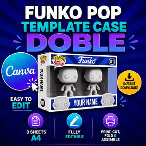 Puede incluir: Una plantilla digital para una caja de exhibición doble Funko Pop con figuras blancas en blanco, el texto FUNKO POP TEMPLATE CASE DOBLE, YOUR NAME y la marca Canva. Incluye iconos para 3 hojas, tamaño A4 e instrucciones de impresión.