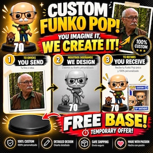 Può includere: Una pubblicità per un servizio di statuette Funko Pop personalizzate con un uomo calvo, con baffi e occhiali che tiene un fucile, accompagnato da una piccola figura di cinghiale. Il grafico include i passaggi: You Send, We Design, You Receive.