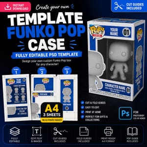 Puede incluir: Una plantilla digital para una caja Funko Pop personalizada, que incluye tres hojas A4 con guías de corte y plegado. El diseño presenta una maqueta de caja azul y blanca con una figura en blanco, campos de texto editables e iconos de Photoshop.