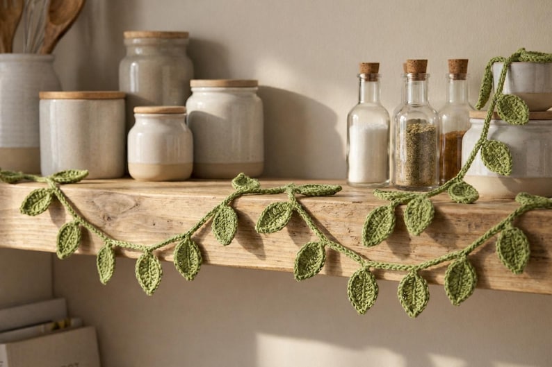 May include: A green crocheted garland featuring a series of small, textured leaves connected by a thin yarn vine. The garland is draped horizontally across the front edge of a wooden shelf, positioned in front of several ceramic jars and glass bottles.