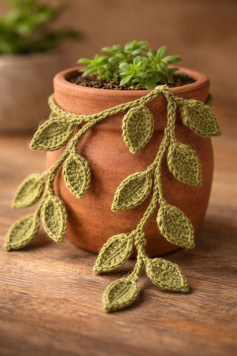 May include: A terracotta clay pot containing a small green succulent plant, adorned with a decorative crocheted vine featuring multiple light green leaves that drape over the sides of the round, earthy-toned container.