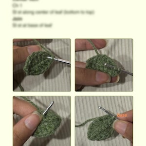 May include: A four-part instructional image showing the process of crocheting a small green leaf. The images feature a silver crochet hook working with green yarn to create a textured leaf shape, with the word base labeled in orange text.