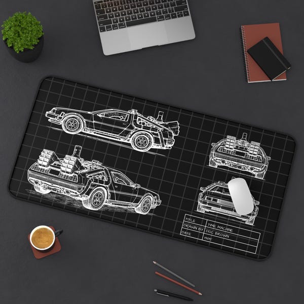 DeLorean Time Machine Blueprint Desk Mat, Back to the Future Schematic Mouse Pad, Retro Movie Car Gaming Desk Pad
