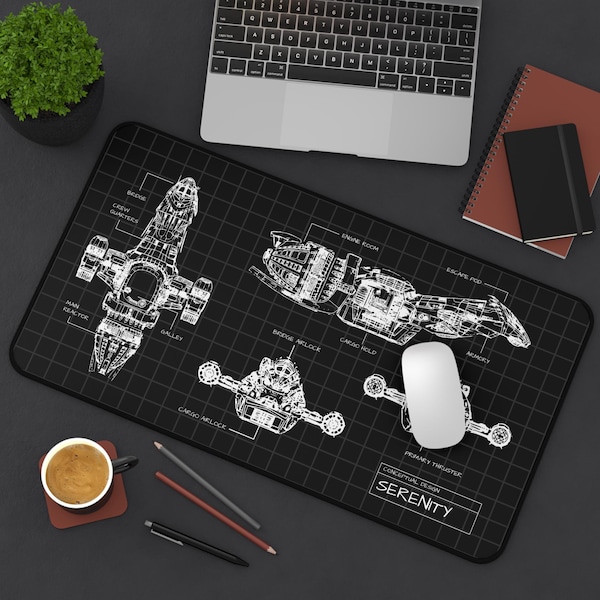 Sci Fi Spaceship Blueprint Desk Mat, Serenity Ship Design Sketches on Black, Schematic Starship Gaming Mouse Pad