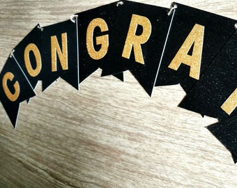 Graduation Party Banner, Black and Gold Banner, Congrats Banner, Engagement Party Banner, Bridal Shower Banner, printed and assembled