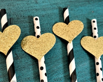 Valentine Straws, Valentine's Day Decor, Heart Straws, Baby Shower Straws, Black Gold, Neutral Baby Shower Decorations, 12 ct, SET OF 12