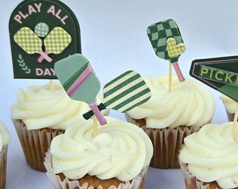 Pickleball cupcake toppers, party ideas for pickleball theme, pickleball birthday party, bridal shower, sports theme decorations SET OF 12