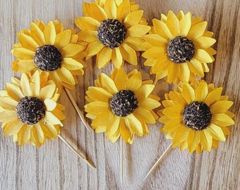 Sunflower Cupcake Toppers, Sunflower Party, Sunflower Baby Shower Decoration, Fall Bridal Shower Decorations, Summer Wedding SET OF 12