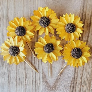 Sunflower Cupcake Toppers: Summer Wedding, Bridal Shower Decorations - Set of 12