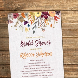 Printable Fall in Love Bridal Shower Invitations Fall or Autum leaves themed shower