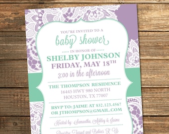 Girl Baby Shower Invitation, Lace, Lavender, Purple, Lilac, Mint Green, Aqua, Vintage, Shabby, Chic (PRINTABLE FILE)