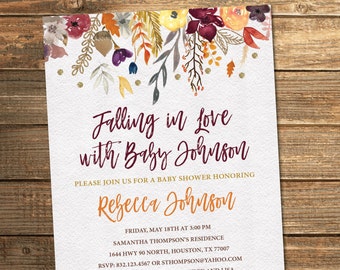 Fall Baby Shower Invitation, Autumn Baby Shower, Watercolor, Floral, Fall Flowers, Baby Girl, Baby Shower Invitations (PRINTABLE FILE)