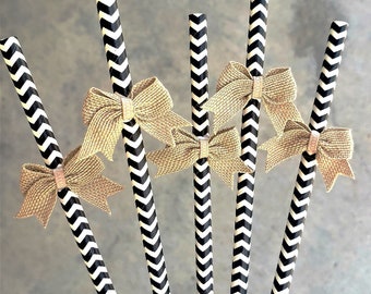 Pailles de baby shower, baby shower d’automne, arcs en toile de jute, noir et blanc, chevron, fête de révélation de genre, anniversaire d’automne, assemblé, ensemble de 12 pailles