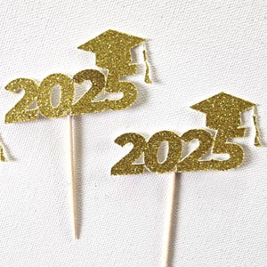 2025 Graduation Cupcake Toppers, Gold Glitter, Graduation Party Decorations, 12 Cupcake Toppers, Gold Cupcake Toppers, SET OF 12