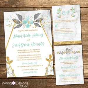 Mint Wedding Invitation, Mint and Gold Wedding, Marble, RSVP Card, Accommodations Card, Printable Wedding Suite (PRINTABLE FILE)