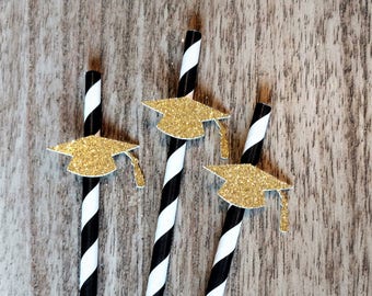 Graduation Straws, Graduation Party Decoration, Graduation Party Straws, Black and Gold Straws, 2025 Grad, assembled straws, SET OF 12