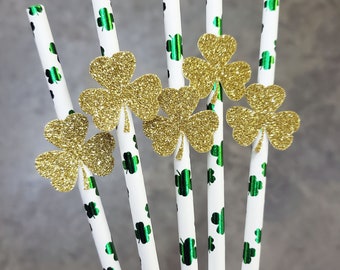 Shamrock Straws, St. Patrick's Day Straws, 4H, Saint Patrick's Day Decor, Lucky One, Gold Shamrock, Green Shamrock Straws, 12 ct., Set of 12