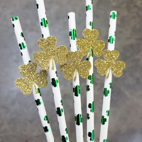 St Patrick's Day Straws, Shamrock Straws, 4H, Saint Patrick's Day Decor, Lucky One, Gold Shamrock, Green Shamrock Straws, 12 ct., Set of 12