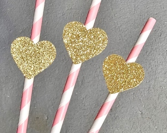 pink and gold straws for baby shower, heart straws for birthday party, gold heart, baby shower decoration, bridal shower, SET OF 12 Straws