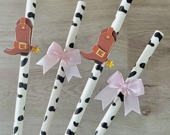 Cowgirl Straws, BROWN Boots, Pink Bows, Cow Print, Cowgirl Birthday Party Straws, Western Party, Cowgirl Baby Shower, SET OF 12 Straws