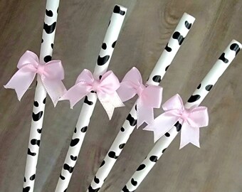 Cowgirl Straws, Pink Bows, Cow Print, Cowgirl Birthday Party Straws, cowprint, Western Party, Cowgirl Baby Shower, SET OF 12 Straws