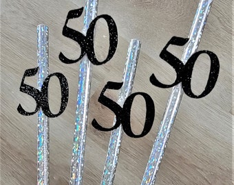 50th Birthday Straws, Black and Silver, 50th Birthday Party Straws, Fiftieth Birthday Straws, 50th Anniversary Decorations, 12 ct, SET OF 12