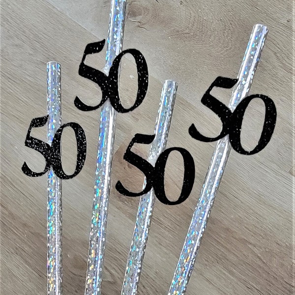 50th Birthday Straws, Black and Silver, 50th Birthday Party Straws, Fiftieth Birthday Straws, 50th Anniversary Decorations, 12 ct, SET OF 12