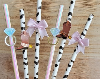 Country Bachelorette Party, Western theme, Nashville Bachelorette Party Straws, BROWN Boots, Pink Bows, Last Rodeo, SET OF 12 Straws