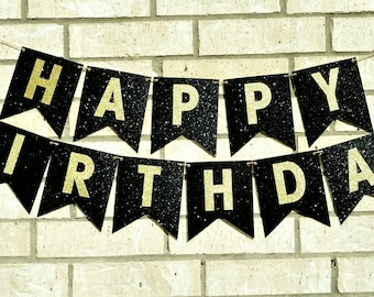 Happy Birthday Banner, Birthday Banner, Black and Gold Birthday, Black and Gold Glitter, 30th, 40th, 50th  Birthday, Birthday Party Decor