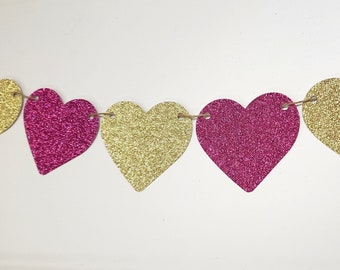 Valentines Banner, Pink and Gold Heart Garland, Valentine's Party, Valentine's Decorations, Valentines Day Decor, Pink Gold, Mantle Decor