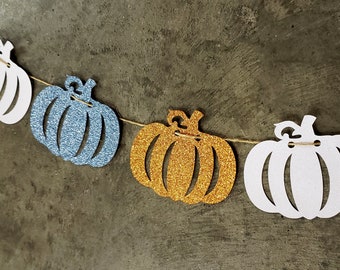 Guirnalda de calabaza, Banner de calabaza de niño, Banner de ducha de bebé de otoño, Calabazas blancas naranjas azules, Ducha de bebé de niño, Cumpleaños de niño, LISTO PARA ENVIAR