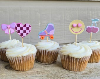 Skate Party Cupcake Toppers, Good Vibes Cupcake Toppers, Groovy Party Decorations, Bow, Heart, Girl Birthday, SET OF 12 Cupcake Toppers