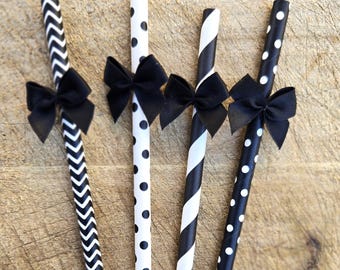 Pailles noires avec noeud, décorations pour baby shower, mariage avec noeud noir, pailles de fête avec noeud, lot de 12 pailles