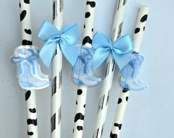 Bottes bleues avec nœuds, pailles de fête, décoration de cow-girl côtière, mariage de plage de cow-girl côtière, impression de vache, EVJF côtier, LOT DE 12