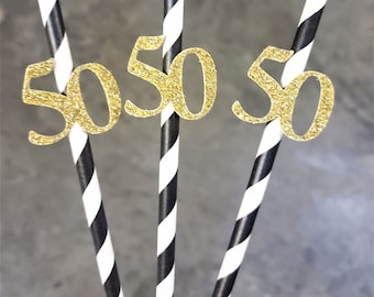 50th Birthday Straws, 50th Birthday Party Straws, Fiftieth Birthday Straws, Black and Gold, Black White Gold, Decorations, 12 ct, SET OF 12