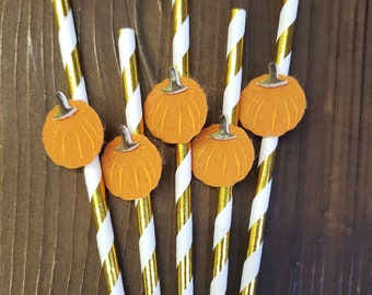 Pajitas de calabaza, Decoraciones de Acción de Gracias, Pajitas de fiesta de calabaza, Naranja y oro, Cumpleaños de calabaza Lil, Otoño, Friendsgiving, SET OF 12 Pajitas