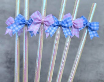 Gingham Check Gender Reveal Straws, Pink and Blue Gingham Bow Theme, Baby Shower Straws, Gender Reveal Party, SET OF 12 Straws
