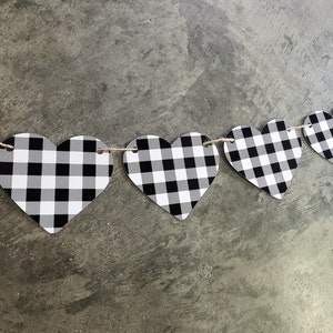 Valentines Garland, Buffalo Plaid Heart Banner, Valentines Decor, Valentine&#39;s Decorations, Black White Hearts, Mantle Decor, READY TO SHIP