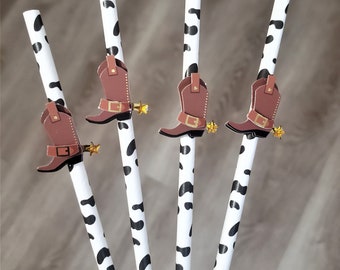 Cowboy Straws, BROWN Boots, Cow Print, Cowboy Birthday Party Straws, Western Party, Cowboy Party, Cowboy Baby Shower, SET OF 12 Straws