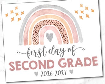 First Day of 2nd Grade sign / First Day of Second Grade Sign / Photo Prop / Pink Grey Rainbow Sign / INSTANT DOWNLOAD, Printable file