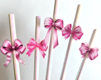 Pink bow party, pink bow party straws, pink bow birthday, pink bow baby shower decoration, bridal shower, SET OF 12 Straws