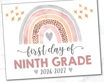 Bord 9e leerjaar / teken eerste dag van negende leerjaar / bord meisjesschool / foto prop / roze grijze regenboog teken / eerste jaar / INSTANT DOWNLOAD