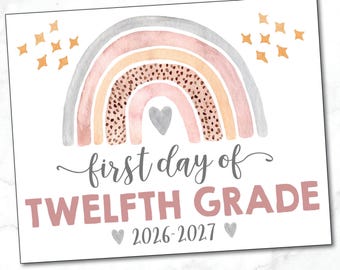 Teken 12e leerjaar / teken eerste dag van de twaalfde leerjaar / teken meisjesschool / foto prop / roze grijze regenboog teken / senior jaar / INSTANT DOWNLOAD