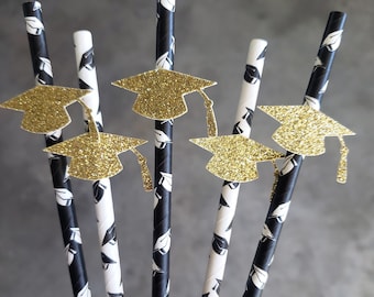 Graduation Straws, Graduation Party Decoration, Graduation Party Straws, Black and Gold Straws, 2025 Grad, assembled straws, SET OF 12