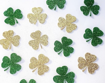 Confeti del día de San Patricio, confeti de trébol, confeti del día de San Patricio, cumpleaños de la persona afortunada, despedida de soltera de la suerte, verde y dorado, 100 piezas