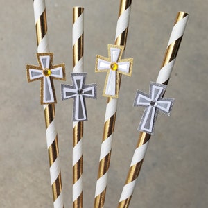 First Communion Straws, 1st Holy Communion Decorations, Cross Straws, Baptism Straws, Gold and Silver Crosses, Assembled, SET OF 12